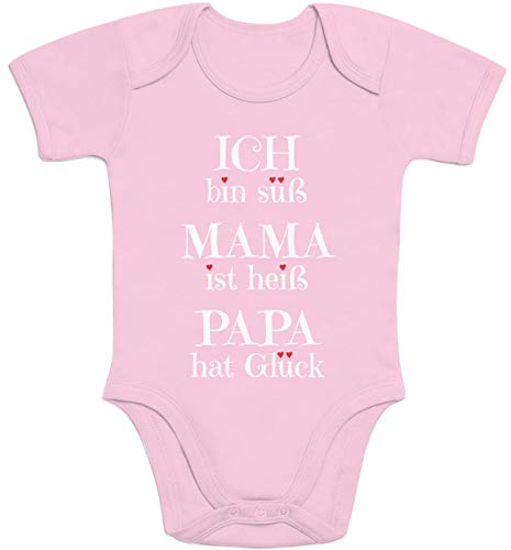 Süßer Spruch Ich Bin süss, Mama ist heiß, Papa hat Glück Baby Body Kurzarm-Body, Rosa, Neugeboren von Shirtgeil