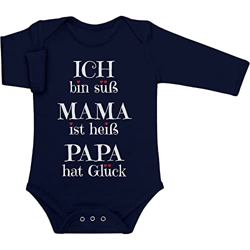 Baby Body Langarm - Süßer Spruch - Ich Bin süß, Mama ist heiß, Papa hat Glück Geschenk Langarmbody Baby Mädchen - Geschenke für Mama - Baby Strampler 6-12 Monate Marineblau von Shirtgeil