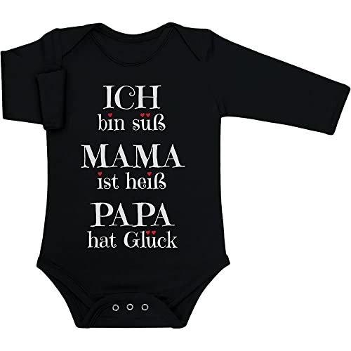 Baby Body Langarm - Süßer Spruch - Ich Bin süß, Mama ist heiß, Papa hat Glück Geschenk Langarmbody Baby Mädchen - Geschenke für Mama - Baby Strampler 0-3 Monate Schwarz von Shirtgeil