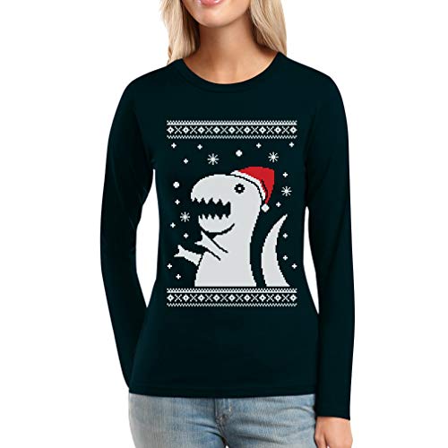 T-Rex Dinosaurier Nikolaus Mütze Witzig Weihnachten Frauen Langarm-T-Shirt X-Large Schwarz von Shirtgeil