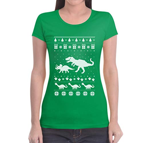T-Rex Dinosaurier Weihnachtsshirt Damen T-Shirt Slim Fit Small Grün von Shirtgeil