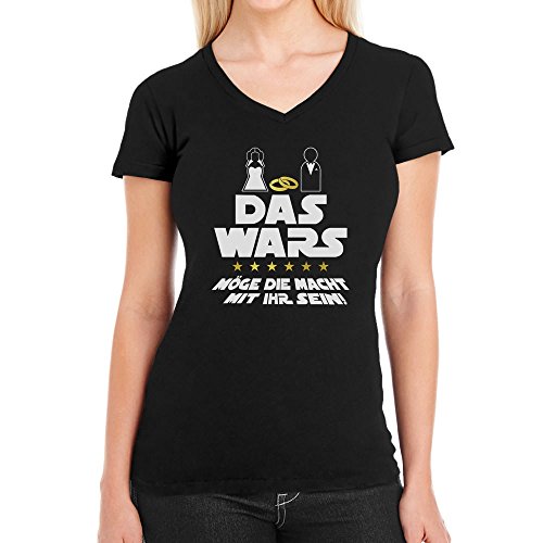 T Shirt Damen V Ausschnitt JGA Junggesellinnenabschied Party Das Wars Mit Ihr Damen T-Shirt Medium Schwarz von Shirtgeil