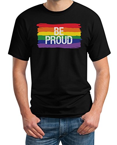 T-Shirt Herren CSD LGBT Rainbow Flag Be Proud Regenbogen Flagge Tshirt Männer L Schwarz von Shirtgeil