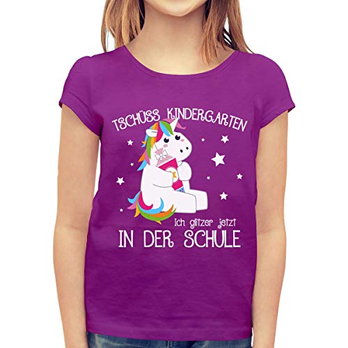 T-Shirt Mädchen Schulanfang & Einschulung - Einhorn Design - Tschüss Kindergarten - Geschenkidee zum ersten Schultag 140 Lila von Shirtgeil