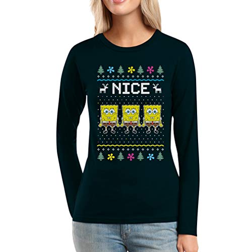 Ugly Christmas Nice Sponge Bob Frauen Langarm-T-Shirt Medium Schwarz von Shirtgeil