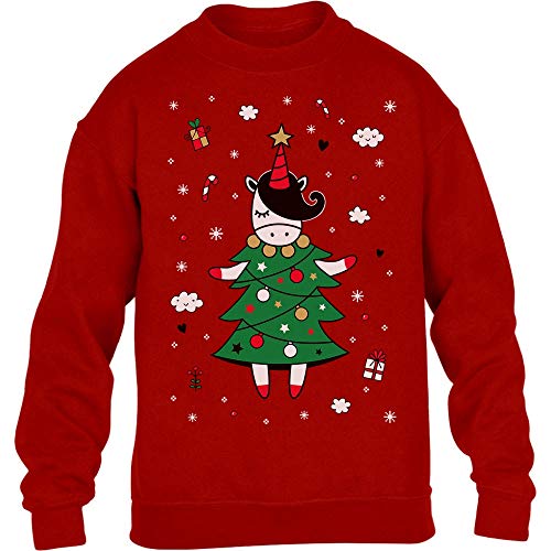 Sweatshirt Jungen Mädchen Ugly Christmas Weihnachts Tannenbaum Einhorn Pullover 140 Rot von Shirtgeil