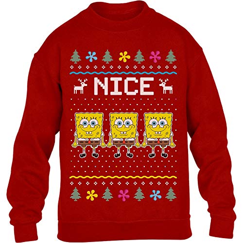 Ugly Christmas Weihnachtspulli - Nice Sponge Bob Kinder Pullover Sweatshirt 140 Rot von Shirtgeil