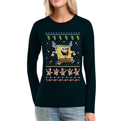 Weihnachten Spongebob Schwammkopf Plankton und Patrick Frauen Langarm-T-Shirt Medium Schwarz von Shirtgeil