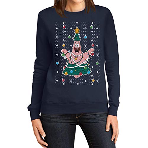 Weihnachtspullover Spongebob Patrick Weihnachtsbaum Geschenk Frauen Sweatshirt Large Marineblau von Shirtgeil