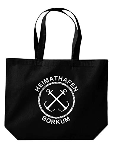 ShirtInStyle Beutel Tasche, Heimathafen Borkum Tasche Großer Beutel, Jute, Shopper, Beutel, Tasche, Urlaub, Meer, See, Heimatort, Urlaub, Zu Haus, Farbe Schwarz von ShirtInStyle