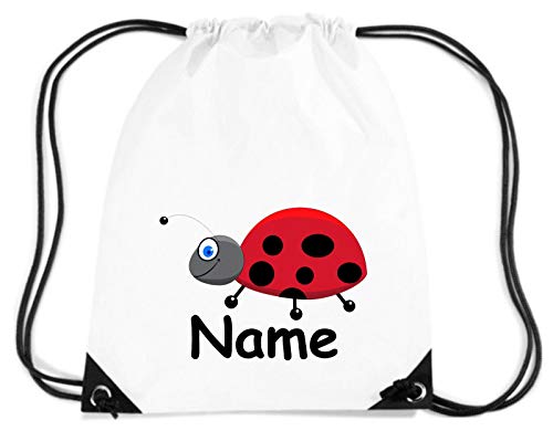 ShirtInStyle Kinder Gym Sack Turnbeutel Tiermotiv Marienkäfer mit Wunschnamen Farbe Weiss von ShirtInStyle