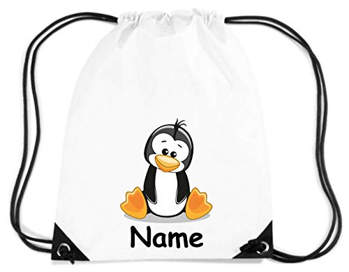 Kinder Gym Sack Turnbeutel Tiermotiv Pinguin mit Wunschnamen Farbe Weiss von ShirtInStyle