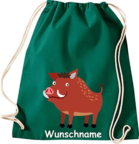 ShirtInStyle Turnbeutel, Wildschwein mit Wunschnamen, Kinder, Wunschtext, Wunschname, Text, Name, Stoffbeutel, Kinderrucksack, Jute, Gymsack, Farbe Gruen von ShirtInStyle