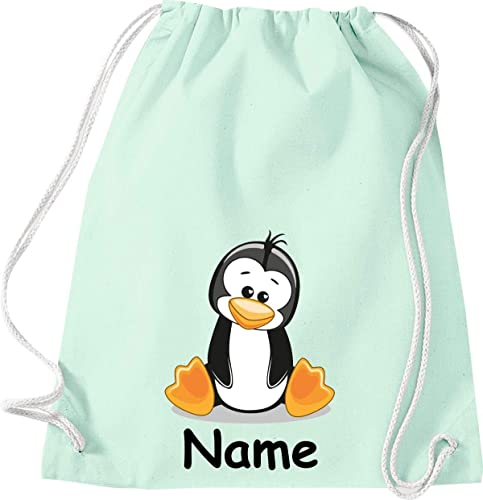 ShirtInStyle Turnbeutel Tiere Pinguin mit Wunschnamen, Beutel Tasche Hort Kita, Farbe pastellmint von ShirtInStyle