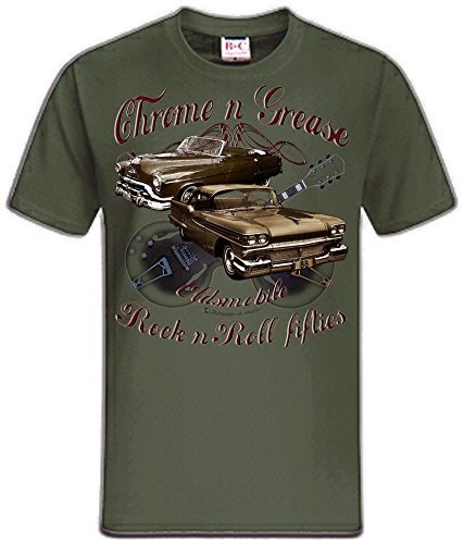 Chrome Grease Motor Rock Guitars Hot Rod Rock n Roll Rockabilly T-Shirt (L, 50s Oldsmobile Oliv (Khaki)) von Shirtmatic