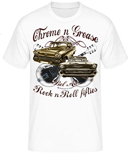 Chrome Grease Motor Rock Guitars Hot Rod Rock n Roll Rockabilly T-Shirt (L, Belair Weiss) von Shirtmatic