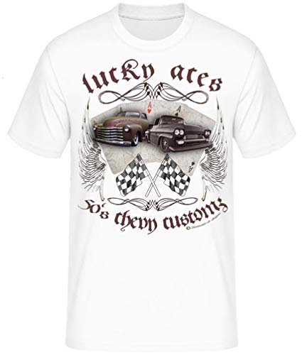 Chrome Grease Motor Rock Guitars Hot Rod Rock n Roll Rockabilly T-Shirt (L, Lucky Aces Chevys Weiss) von Shirtmatic