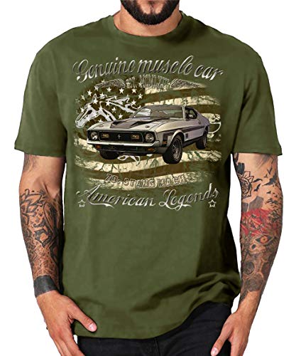 Genuine Mustangs 60s 70s Vintage Oldtimer American Pony Muscle car T-Shirt (XL, Mach1 Oliv) von Shirtmatic