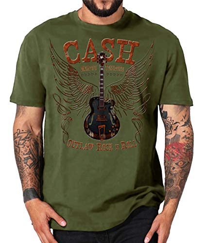 Shirtmatic Cash Rock n Roll Rockabilly Guitar Vintage Johnny Gitarre Lucky Shirt (M, Cash Guitar Oliv) von Shirtmatic