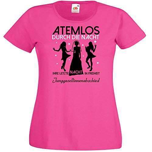 Damen T-Shirt für den Junggesellenabschied mit Motiv Atemlos - IHRE letzte Nacht in Freiheit (Frauen) in pink, Größe S von Shirtoo