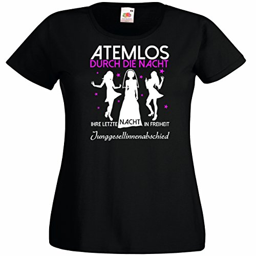 Damen T-Shirt für den Junggesellenabschied mit Motiv Atemlos - IHRE letzte Nacht in Freiheit (Frauen) in schwarz, Größe XXL von Shirtoo