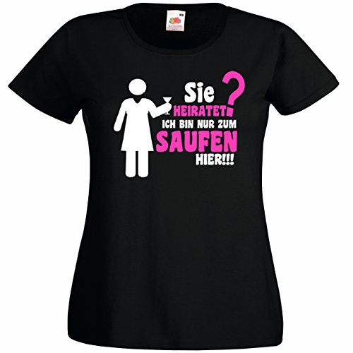 Damen T-Shirt für den Junggesellenabschied mit Motiv Sie heiratet? Ich Bin nur zum Saufen Hier (Frauen) in schwarz, Größe M von Shirtoo