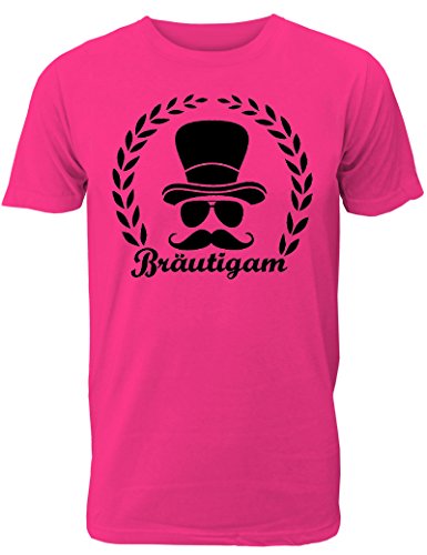 Herren T-Shirt für den Junggesellenabschied mit Motiv Bräutigam (mit Lorbeerkranz) (Männer/Bräutigam) in pink, Größe XL von Shirtoo