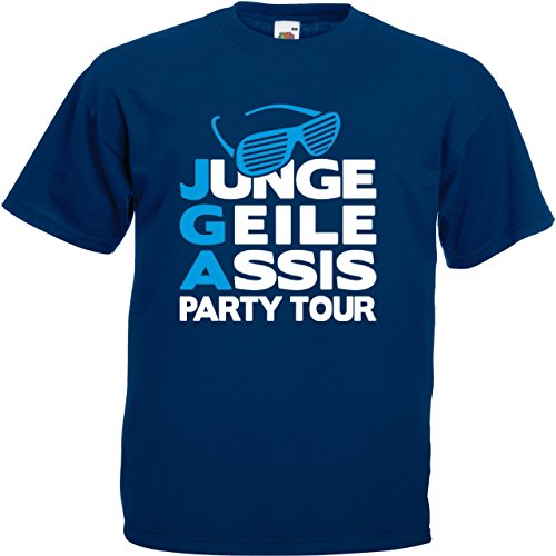 Herren T-Shirt für den Junggesellenabschied mit Motiv Junge Geile Assis - Party Tour (Männer/Bräutigam) in Navy, Größe L von Shirtoo