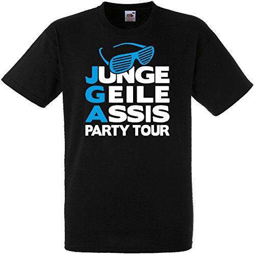 Herren T-Shirt für den Junggesellenabschied mit Motiv Junge Geile Assis - Party Tour (Männer/Bräutigam) in schwarz, Größe XXL von Shirtoo