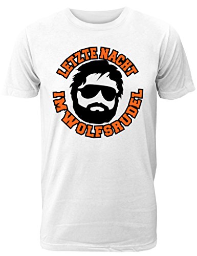 Herren T-Shirt für den Junggesellenabschied mit Motiv Letzte Nacht im Wolfsrudel (Männer/Bräutigam) in Weiss, Größe XXL von Shirtoo