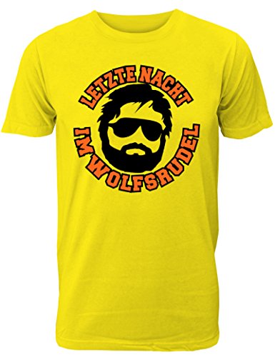 Herren T-Shirt für den Junggesellenabschied mit Motiv Letzte Nacht im Wolfsrudel (Männer/Bräutigam) in gelb, Größe XXL von Shirtoo