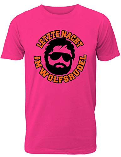 Herren T-Shirt für den Junggesellenabschied mit Motiv Letzte Nacht im Wolfsrudel (Männer/Bräutigam) in pink, Größe M von Shirtoo