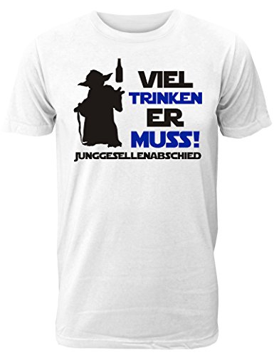 Herren T-Shirt für den Junggesellenabschied mit Motiv Viel Trinken Er muss! (Männer) in Weiss, Größe L von Shirtoo