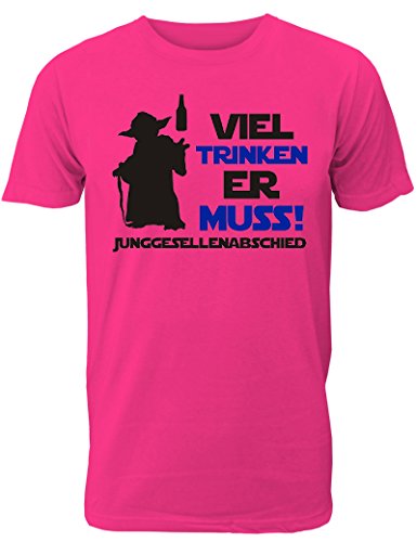 Herren T-Shirt für den Junggesellenabschied mit Motiv Viel Trinken Er muss! (Männer) in pink, Größe L von Shirtoo