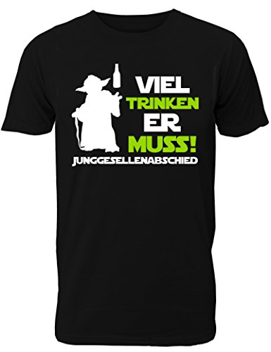 Herren T-Shirt für den Junggesellenabschied mit Motiv Viel Trinken Er muss! (Männer) in schwarz, Größe M von Shirtoo