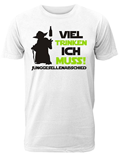 Herren T-Shirt für den Junggesellenabschied mit Motiv Viel Trinken ich muss! (Männer/Bräutigam) in Weiss, Größe L von Shirtoo