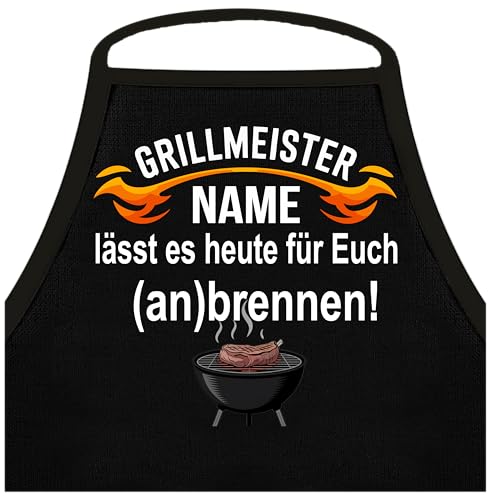 Shirtoo Lustige Grillschürze für Männer: Grillmeister Wunschname lässt es heute für Euch anbrennen - Personalisiert mit Namen - Grillen BBQ Küchen-Schürze, Männer Geschen-Ideen von Shirtoo