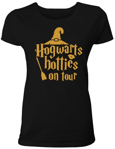 T-Shirt Junggesellinnenabschied Frauen: Hogwarts Hotties on Tour für das JGA Team der Braut, Junggesellenabschied Damen T-Shirt von Shirtoo