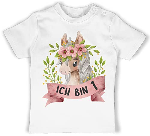 Baby T-Shirt Mädchen Jungen - 1. Geburtstag - Ich Bin eins mit süßem Pferd mit Blumen - 12/18 Monate - Weiß - Kindergeburtstag 1 Jahr Shirts Shirt Junge 1st Birthday Boy Outfit 1jahriger von Shirtracer