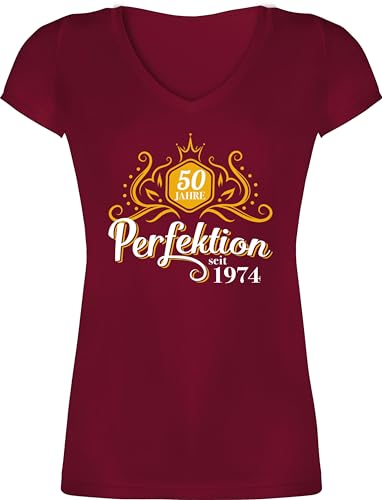 T-Shirt Damen V Ausschnitt - Fünfzig Jahre Perfektion 1974-3XL - Bordeauxrot - Tshirt geburtstagsshirt für Frauen 50 zum 50. Geburtstag Shirt t 50ter Shirts Spruch fuffzig lustig 50ster von Shirtracer