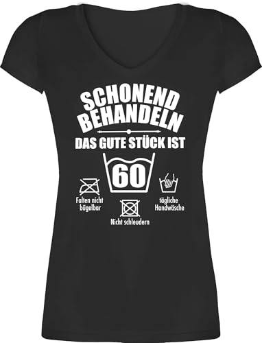T-Shirt Damen V Ausschnitt - 60. Geburtstag - Schonend behandeln das Gute stück ist 60 - XL - Schwarz - Geschenkidee für Frauen ab Tshirt Jahrgang 1964 60.Geburtstag geburtstagsspruch Shirt von Shirtracer