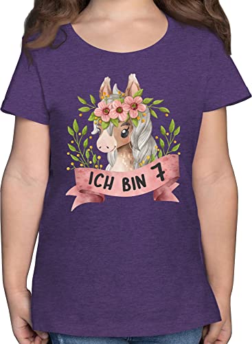 T-Shirt Mädchen - 7. Geburtstag - Ich Bin Sieben mit süßem Pferd mit Blumen - 140 (9/11 Jahre) - Lila Meliert - geburtstagszahl 7 mädels t Shirt Jahre Tshirt Tshirts Kindergeburtstag Shirts von Shirtracer