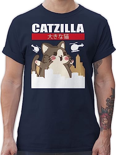 T-Shirt Herren - Anime Geschenke - Catzilla - Big Cat - M - Navy Blau - Tshirt Cats t Shirt männer Shirts therren-Shirt für Mann t-Shirts Fun mit japanischer Schrift Geschenk+Anime Katze Tshirts von Shirtracer