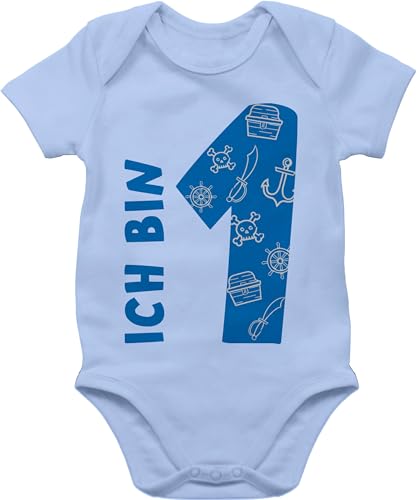 Baby Body Junge Mädchen - 1. Geburtstag - Ich bin eins Pirat-Scribble - 12/18 Monate - Babyblau - zahl geburtstagsbody 1 jahr einjährige alt babykleidung first birthday outfit 1geburtstag boy von Shirtracer