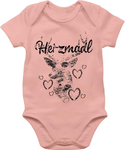 Baby Body Junge Mädchen - Kompatibel Oktoberfest Outfit - Herzmadl mit Hirsch und Herzen - schwarz - 12/18 Monate - Babyrosa - oktober trachtenmode boarische tracht strampler bayrisch von Shirtracer