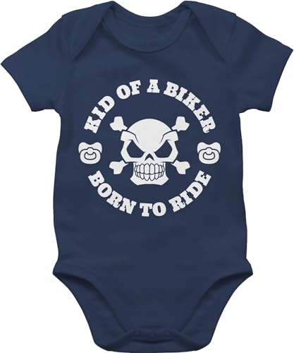 Baby Body Junge Mädchen - Sprüche - Kid of a biker born to ride - 3/6 Monate - Navy Blau - motorrad babymode witzig spruch kids bike bodys strampler mit lustigen sprüchen spruche schnuller von Shirtracer