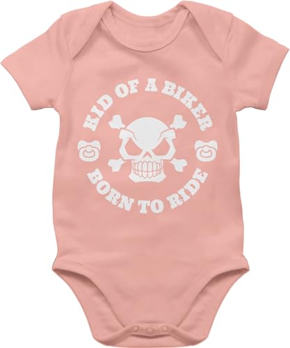 Baby Body Junge Mädchen - Sprüche - Kid of a biker born to ride - 3/6 Monate - Babyrosa - motorrad babymode witzig spruch kids bike bodys strampler mit lustigen sprüchen spruche schnuller von Shirtracer