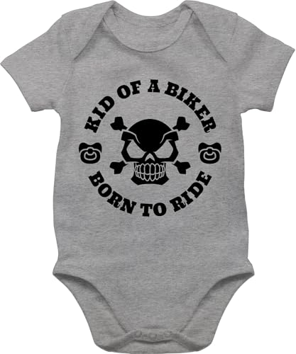 Baby Body Junge Mädchen - Sprüche - Kid of a biker born to ride mit Schnuller schwarz - 6/12 Monate - Grau meliert - babymode witzig spruch motorrad bodys babygeschenk spruche strampler von Shirtracer