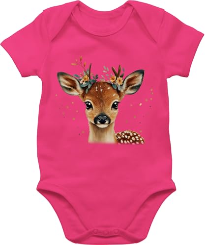 Baby Body Junge Mädchen - Süßes Reh mit Blumen Tracht Hirsch Geschenke Waldtier Geschenk Rehkitz I Volksfest - 3/6 Monate - Fuchsia - babykleidung von Shirtracer