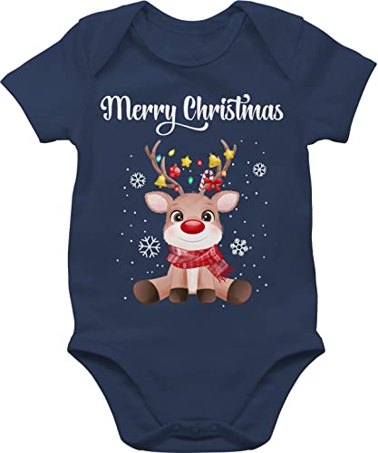 Baby Body Junge Mädchen - Weihnachten Geschenke - Merry Christmas süßes Rentier | Rudolph Elch Rudolf - 6/12 Monate - Navy Blau - weihnachtsbody weihnachtsoutfit weihnachtsmotiv schneeflocken von Shirtracer